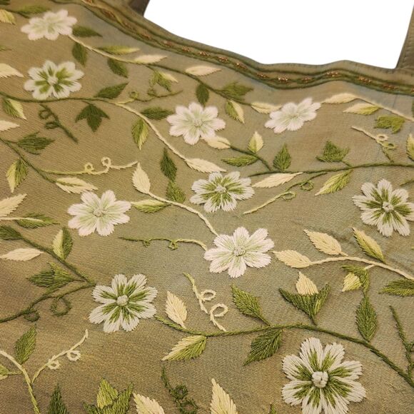 Silk Green Tote Purse Embroidered White Floral Design, 3 Compartments – 16"x9.5" - Picture 10 of 10